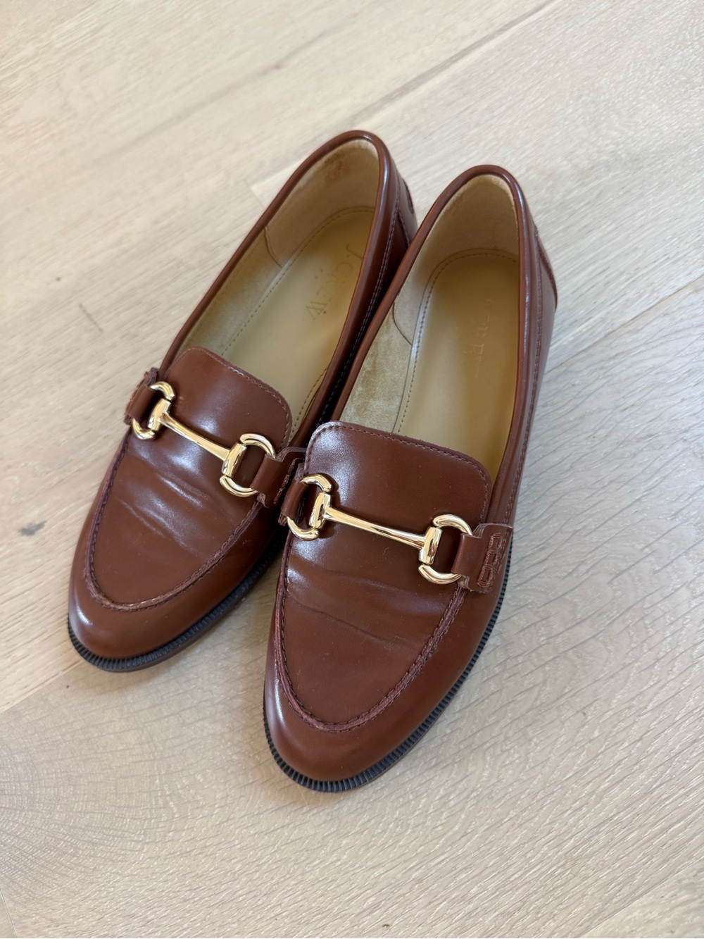 J. Crew Brown Leather Horsebit Loafers with Gold Hardware